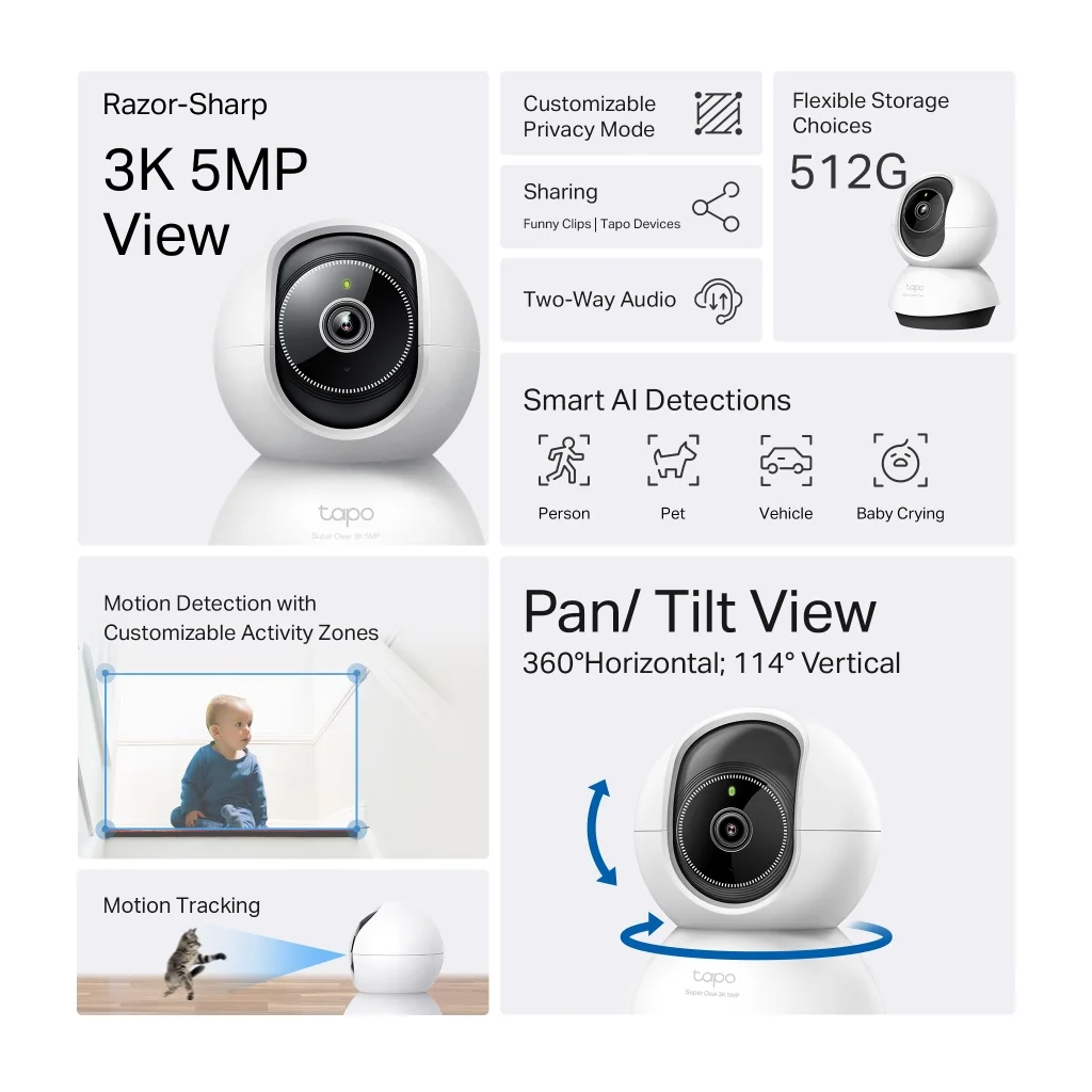 TP-LINK Tapo TC74 3K 50Mpix İç Mekan WiFi Güvenlik Kamerası - Gece Görüşü 360 Dönüşlü Yapay Zeka Destekli