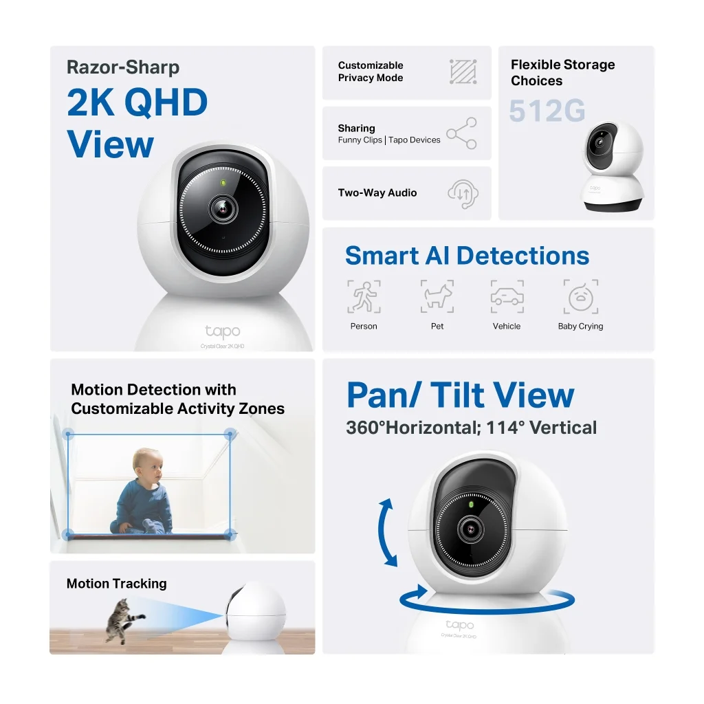 TP-LINK Tapo TC72 (C220) 2K QHD 4,0Mpix İç Mekan WiFi 9Mt. Gece Görüşü 360 Dönüş İki Yönlü Ses Güvenlik Yapay Zeka Destekli Kamera