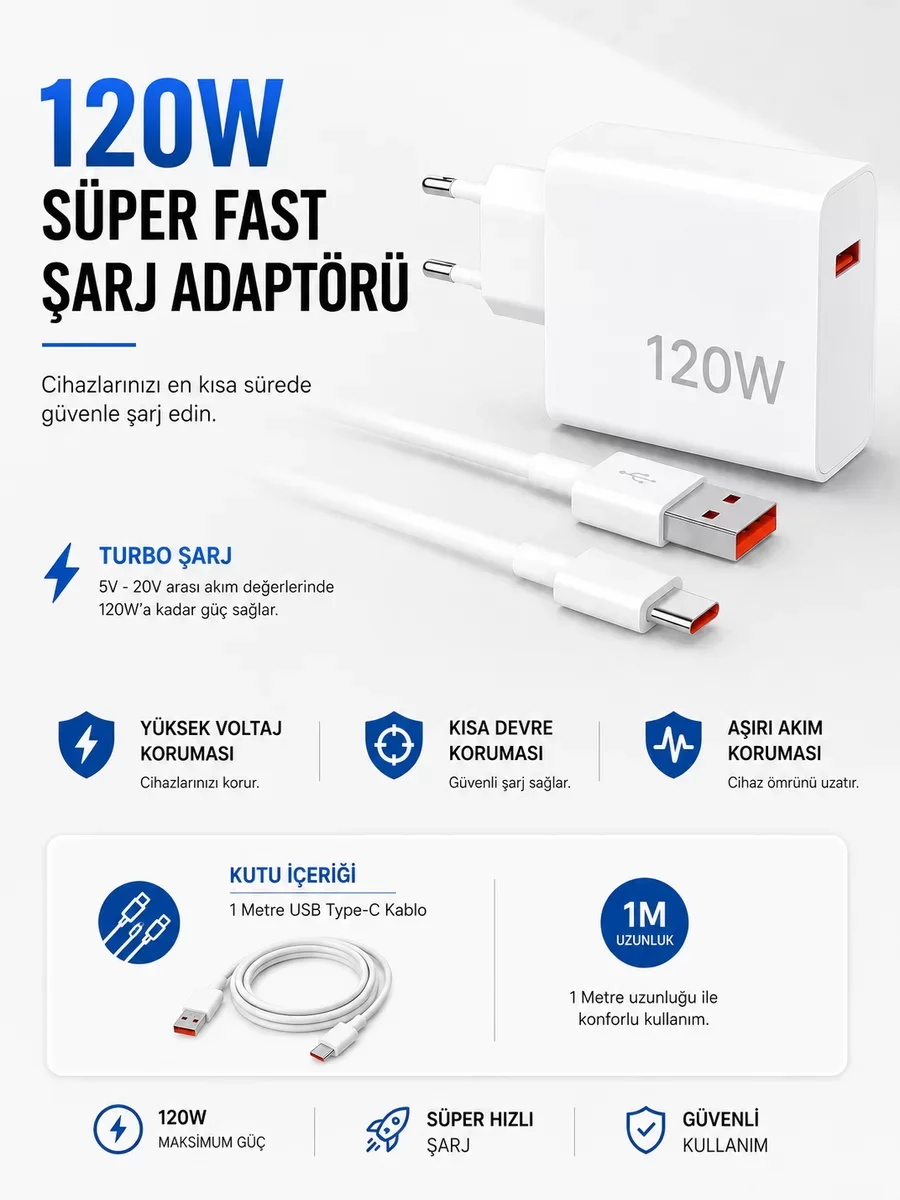 Turbo 120W Hızlı Şarj Adaptörü Type-C Kablolu - Cihazlarınızı Saniyeler İçinde Şarj Edin
