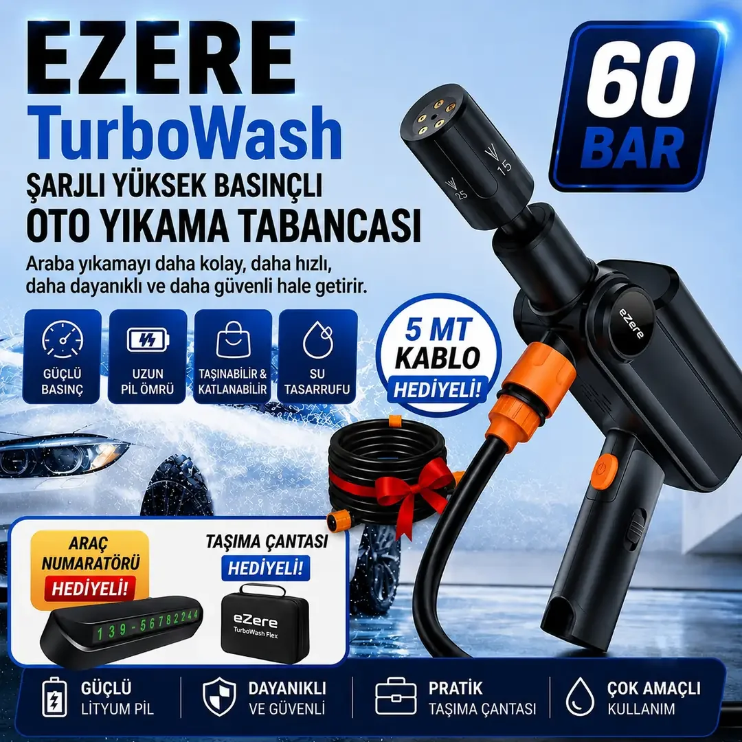 TurboWash 60 Bar Şarjlı Oto Yıkama Tabancası - 12000mAh Batarya ve Katlanabilir Tasarım