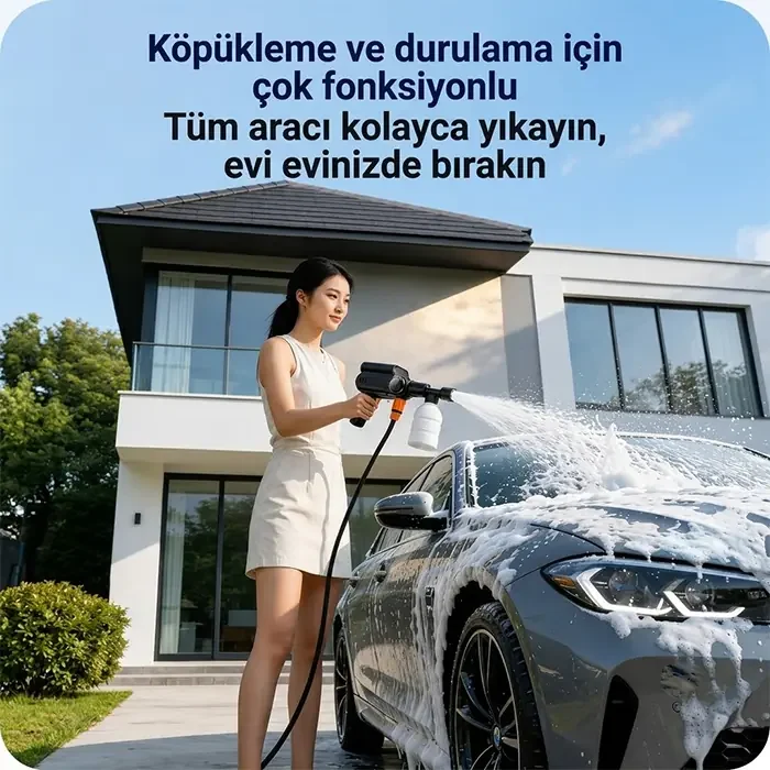 TurboWash 60 Bar Şarjlı Oto Yıkama Tabancası - 12000mAh Batarya ve Katlanabilir Tasarım