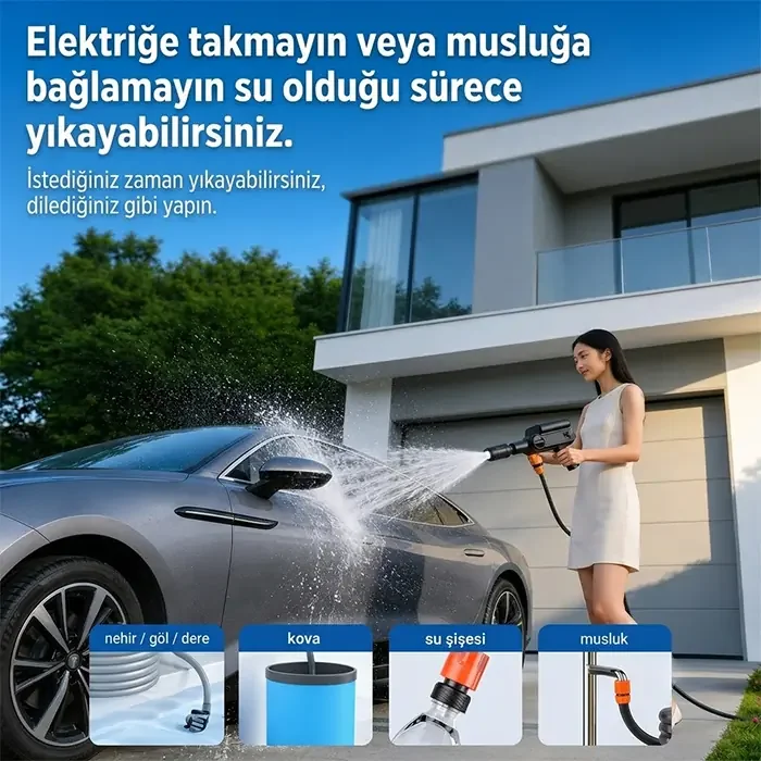 TurboWash 60 Bar Şarjlı Oto Yıkama Tabancası - 12000mAh Batarya ve Katlanabilir Tasarım
