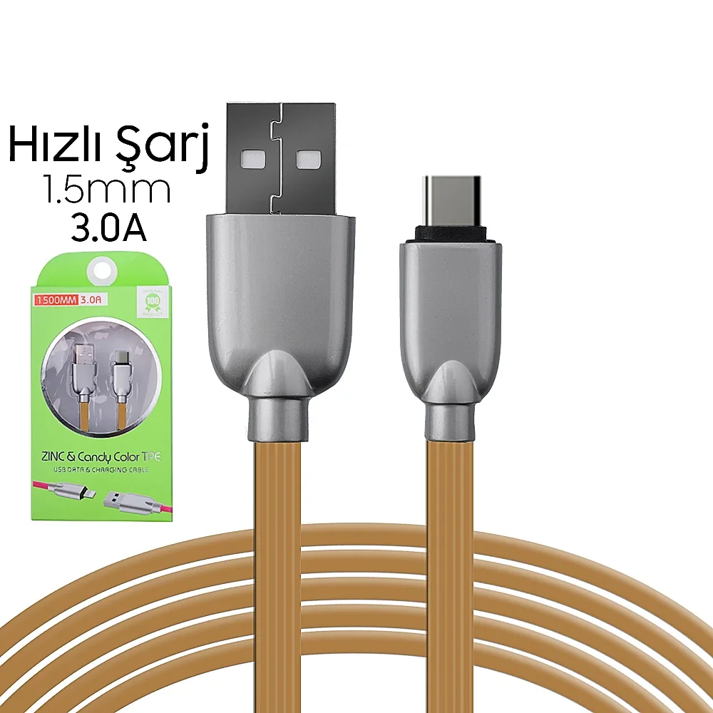 USB Type-C Zinc Alloy Dayanıklı 3.0A 1.5mm Kablo - Hızlı Şarj ve Uzun Ömür