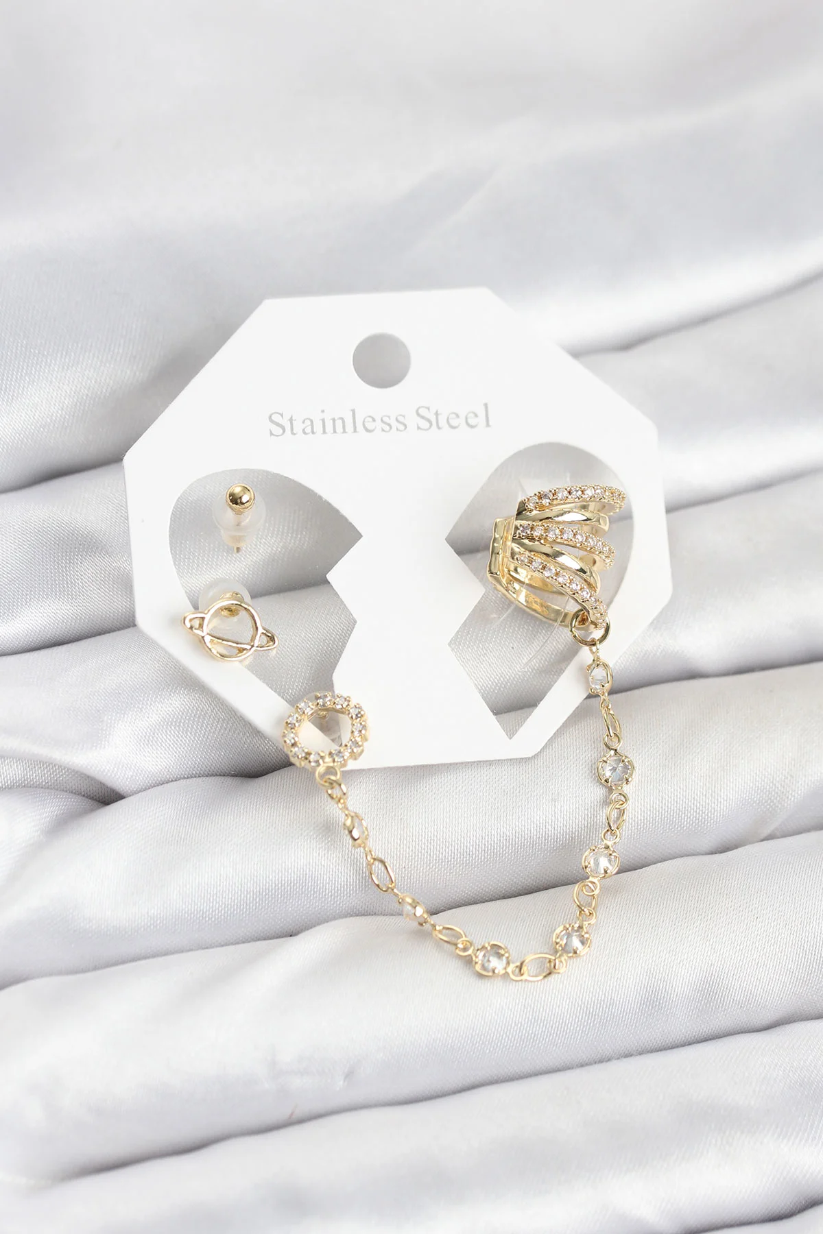 Uzay Model Pirinç Gold Zincir Bağlantılı Ear Cuff Küpe Seti - Zarif Tasarım