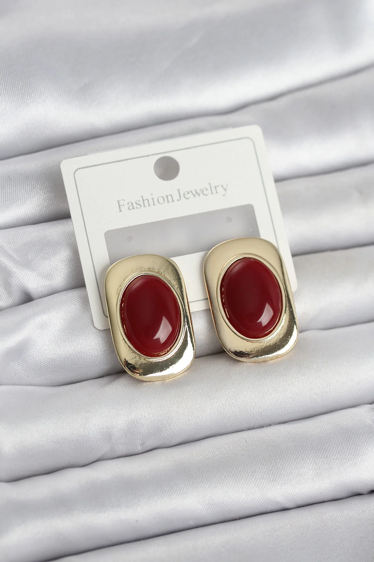 Vintage Bordo Renk Kare Model Pirinç Kadın Küpe