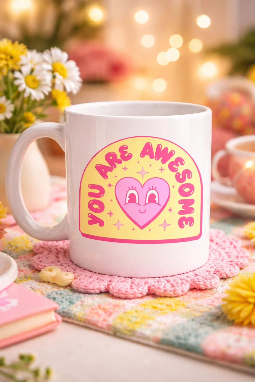 You Are Awesome Motivasyonlu Porselen Kupa MODEL 187 - Sevimli Kalpli Kahve Bardağı ve Hediye Kupa