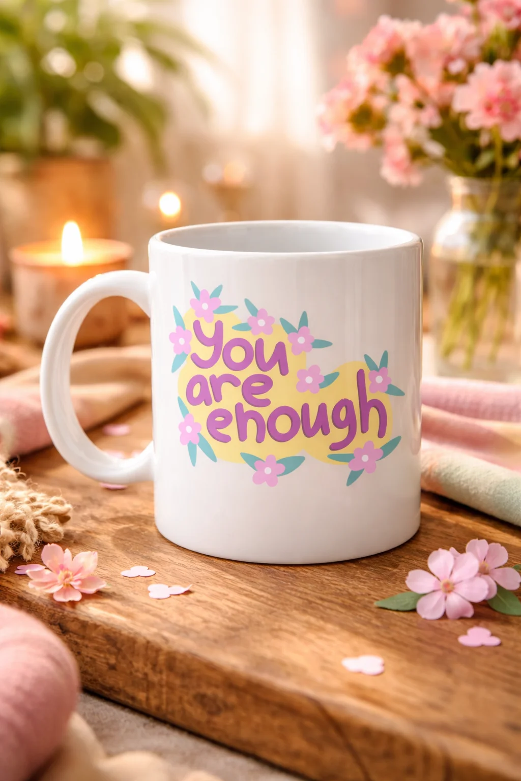 You Are Enough Porselen Kupa - Motive Edici Çiçek Deseni ve Sevdiklerine Anlamlı Hediye