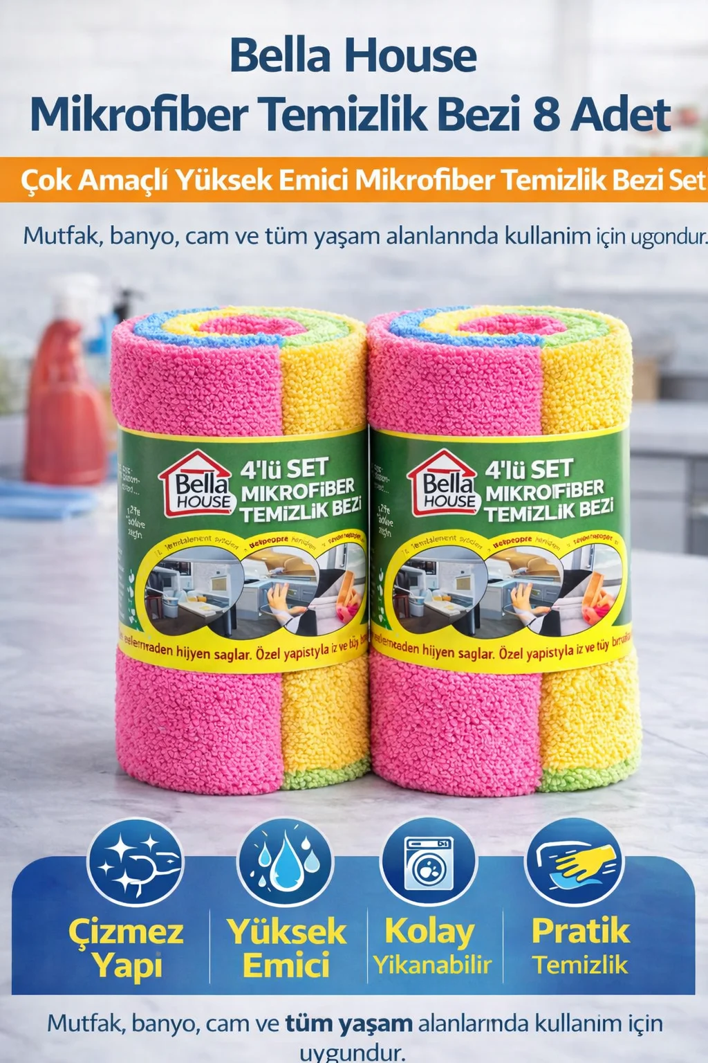 Yüksek Emici Mikrofiber Temizlik Bezi 8 Adet - 4'lü 2 Rulo Çok Amaçlı Ev Temizliği Seti