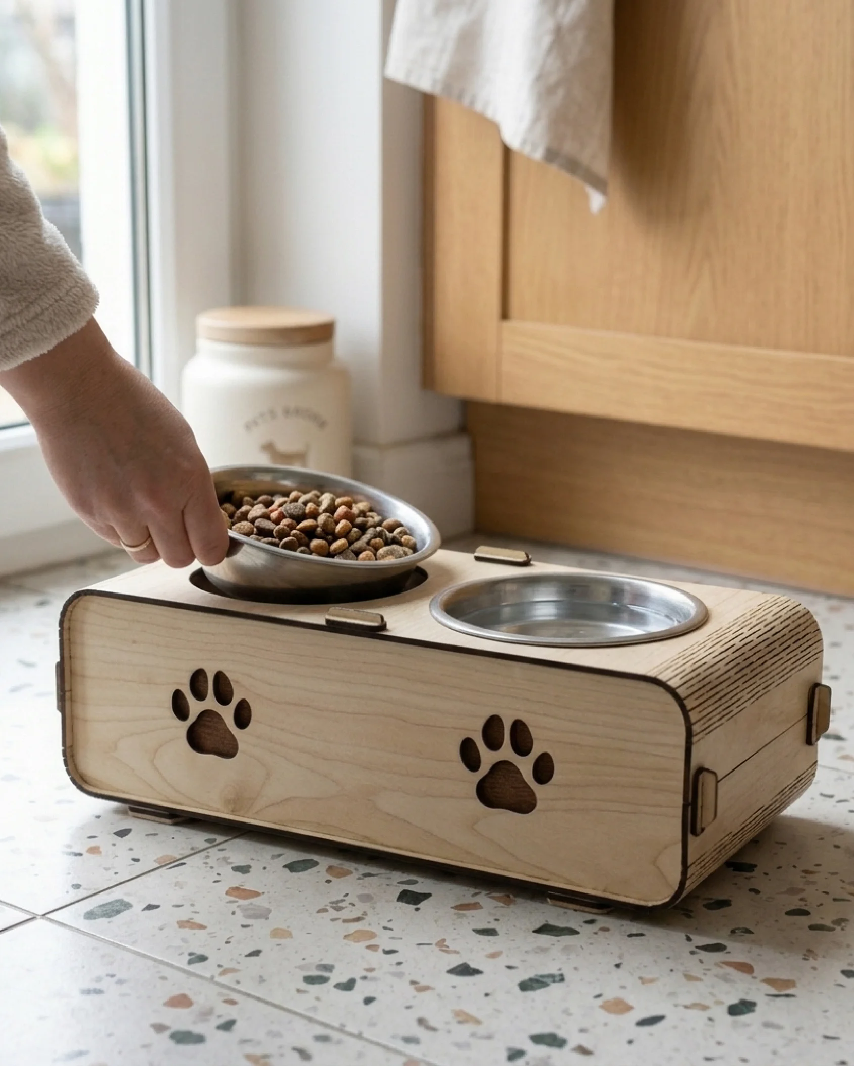 Northcity Yükseltilmiş MDF İkili Mama Kabı - Modern Kedi ve Köpek Beslenme Standı ve Kilitli Tasarım