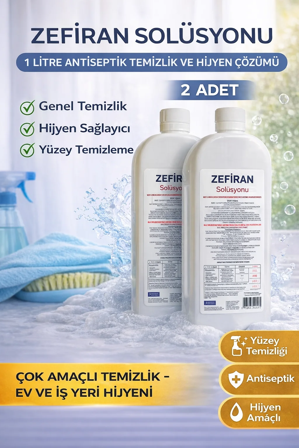 Zefiran Solüsyonu 1 Litre 2 Adet Set - Hijyen İçin Antiseptik Temizlik Sıvısı