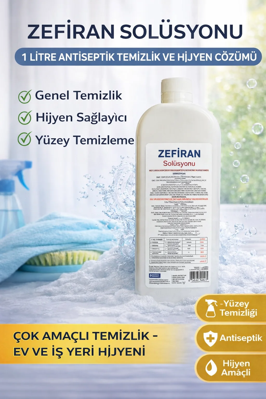 Zefiran Solüsyonu 1 Litre - Antiseptik Hijyen ve Çok Amaçlı Temizlik Sıvısı