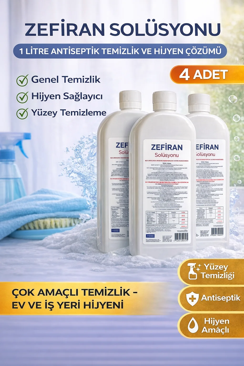 Zefiran Solüsyonu 1 Litre 4 Adet Set - Antiseptik Hijyen ve Çok Amaçlı Temizleyici