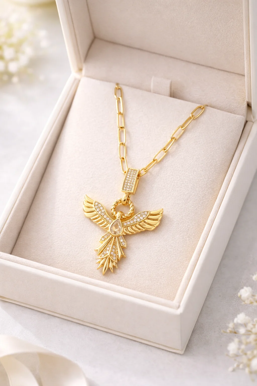 Zirkon Taşlı Anka Kuşu Kolye - Güçlü ve Şık Gold Ataç Zincir