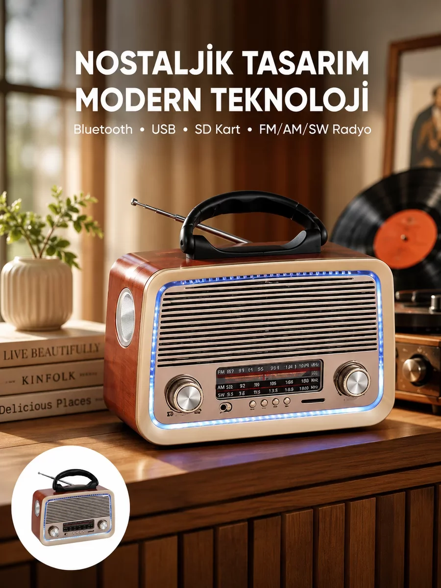 Nostalji Bluetooth Radyo Ahşap Eskitme Tasarım - Yeni Nesil FM AM SW & Kablosuz Müzik Cihazı