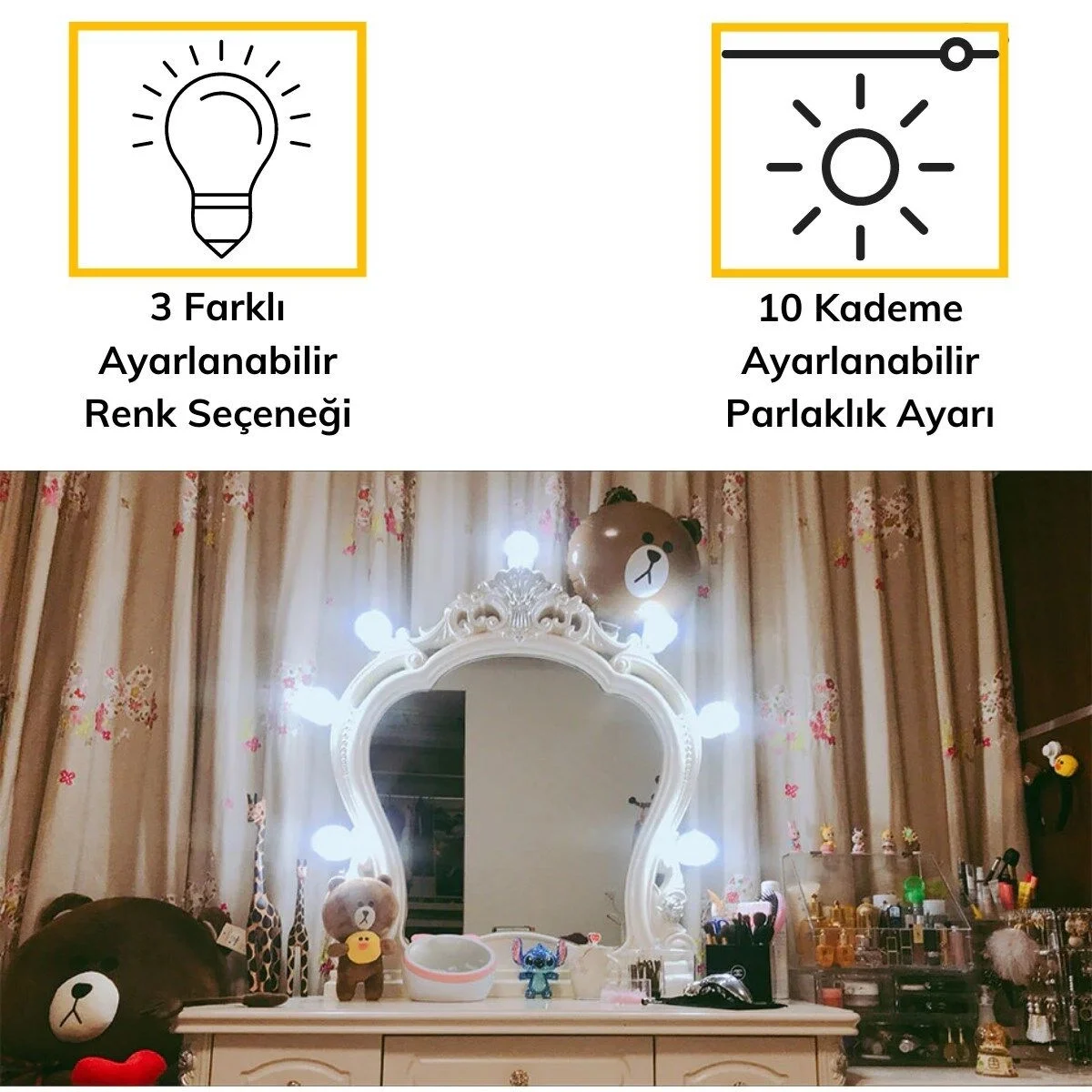 Nostalji Hollywood Tarzı 10lu Makyaj Masası Aynası Beyaz Led Işıklı Lamba USB