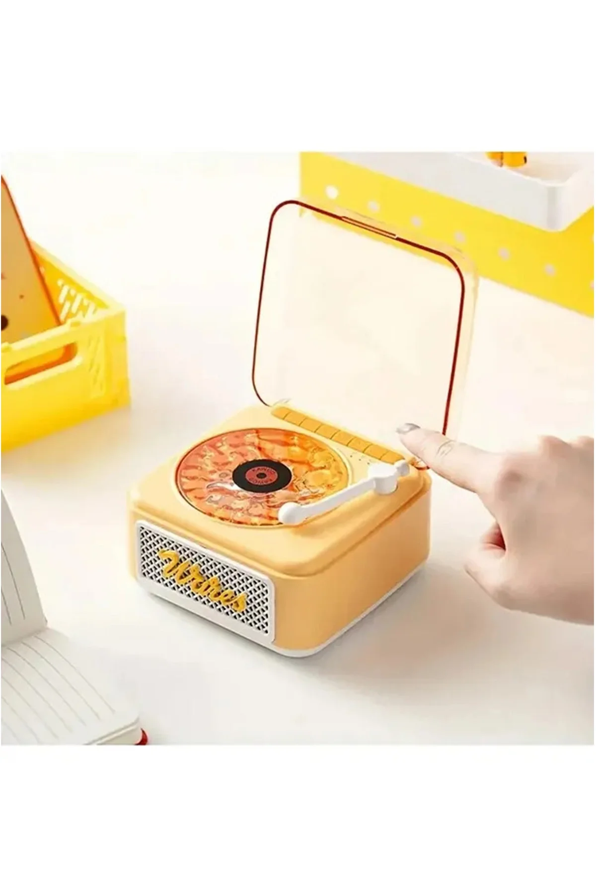 Nostalji Mini Plak Görünümlü Radyolu Bluetooth Hoparlör 3d Ses Dalgası Retro Müzik Plak Sarı - Görsel 2
