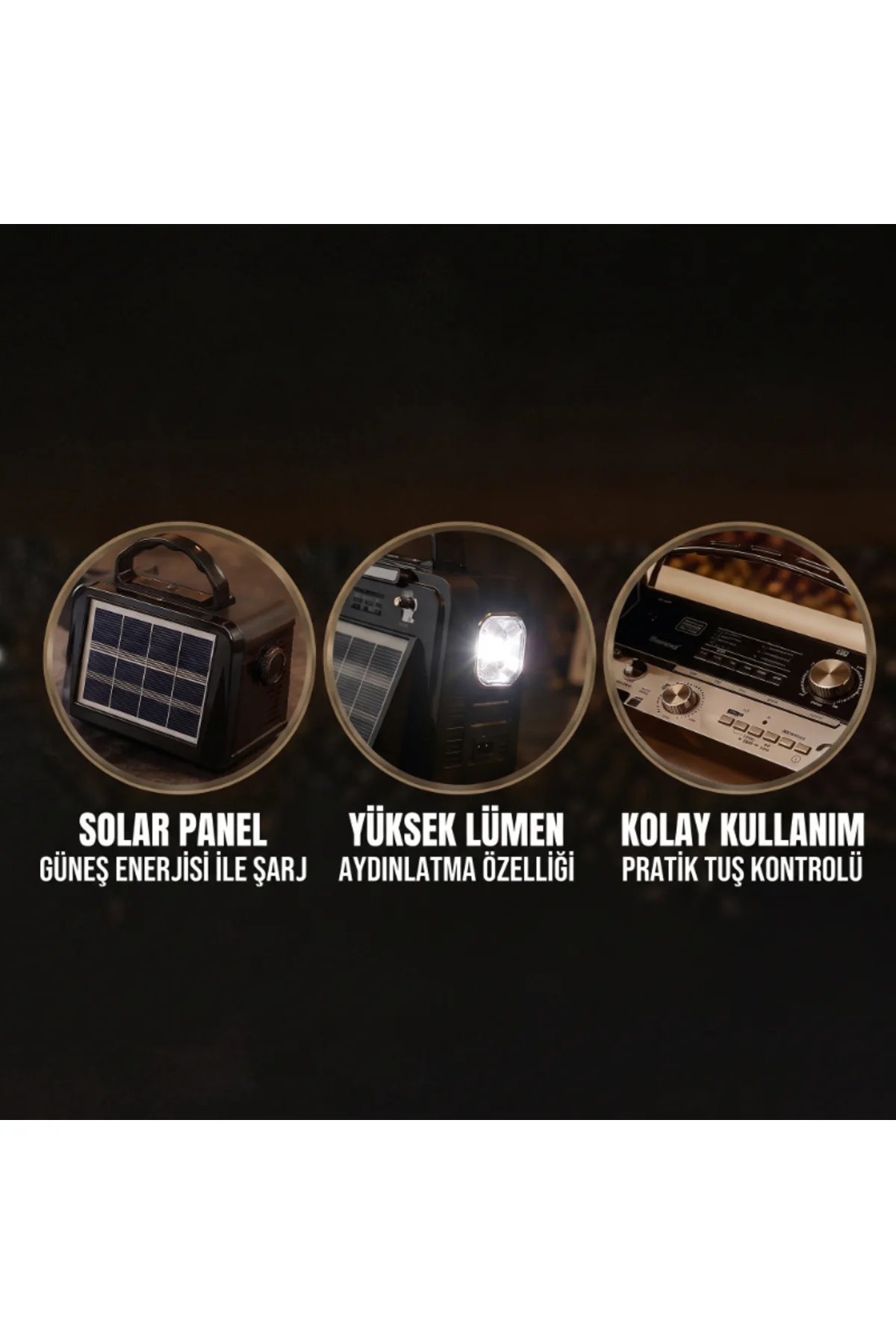 Nostalji Müzik Kutusu - Solar Panelli - Şarjlı - AUX Girişi - LED Fener - Bluetooth - Görsel 3