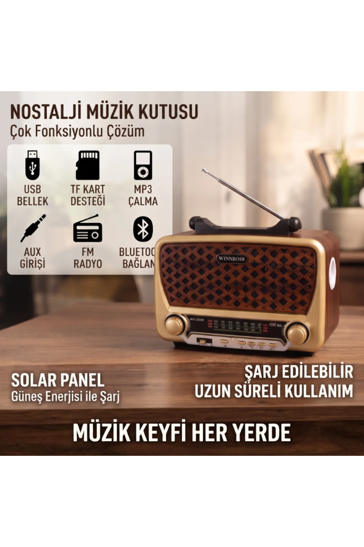Nostalji Müzik Kutusu - Solar Panelli - Şarjlı - AUX Girişi - LED Fener - Bluetooth - Görsel 2