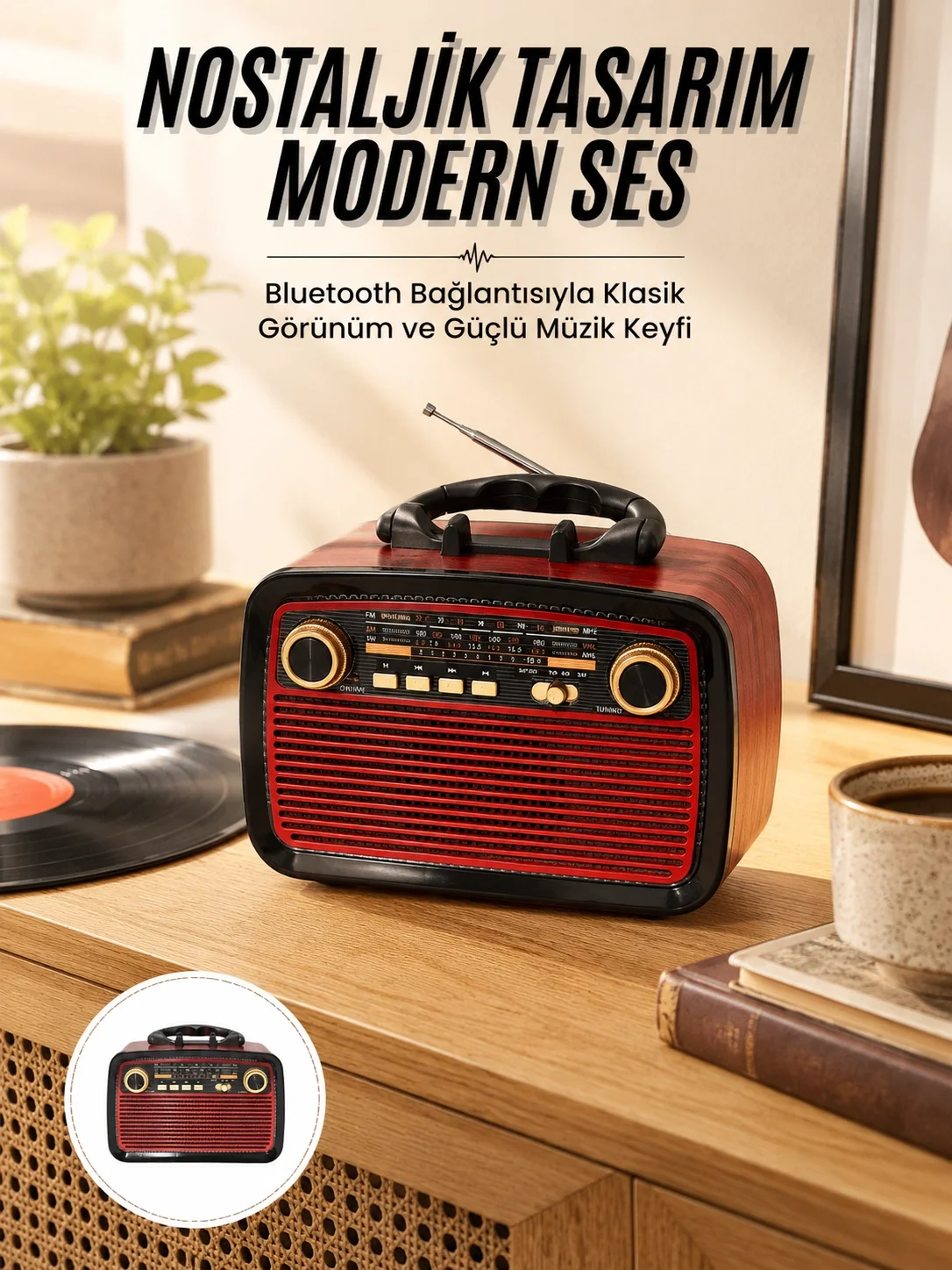 Nostalji Radyo Bluetooth Hoparlör USB-SD Kart Giriş Led Fener Işı