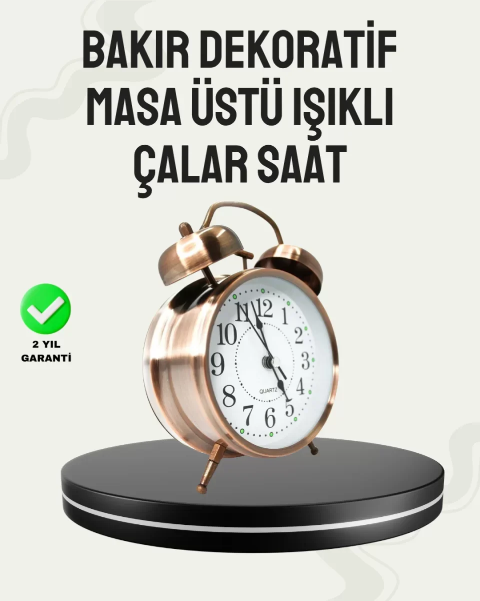 Nostaljik Büyük Boy Metal Masa Saati Bronz Kaplama ve Yüksek Sesli Alarm - Lisinya