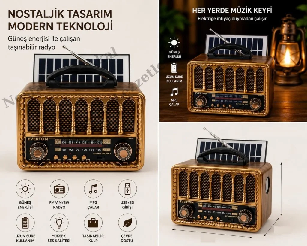 Nostaljik Everton Rt-707 Solarlı Radyo & Mp3 Çalar Usb/tf Kart Destekli, Dekoratif Masaüstü Radyo-Saat