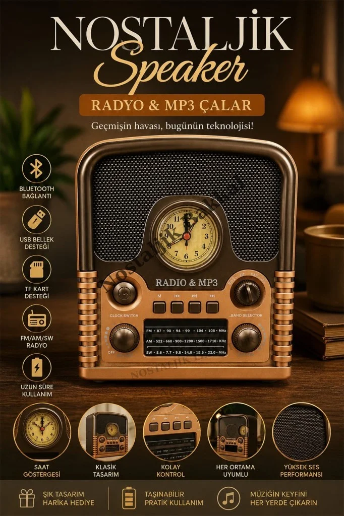 Nostaljik Everton RT-743 Radyo & Mp3 Çalar Usb/tf Kart Destekli, Dekoratif Masaüstü Radyo-Saat