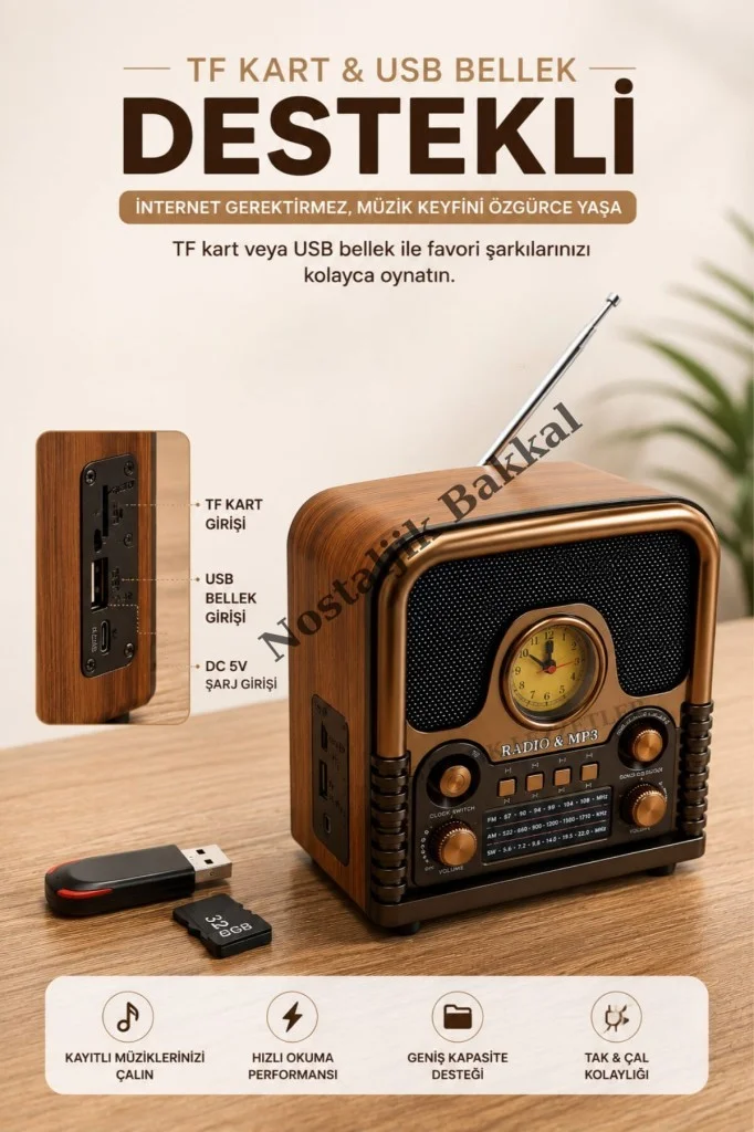 Nostaljik Everton RT-743 Radyo & Mp3 Çalar Usb/tf Kart Destekli, Dekoratif Masaüstü Radyo-Saat