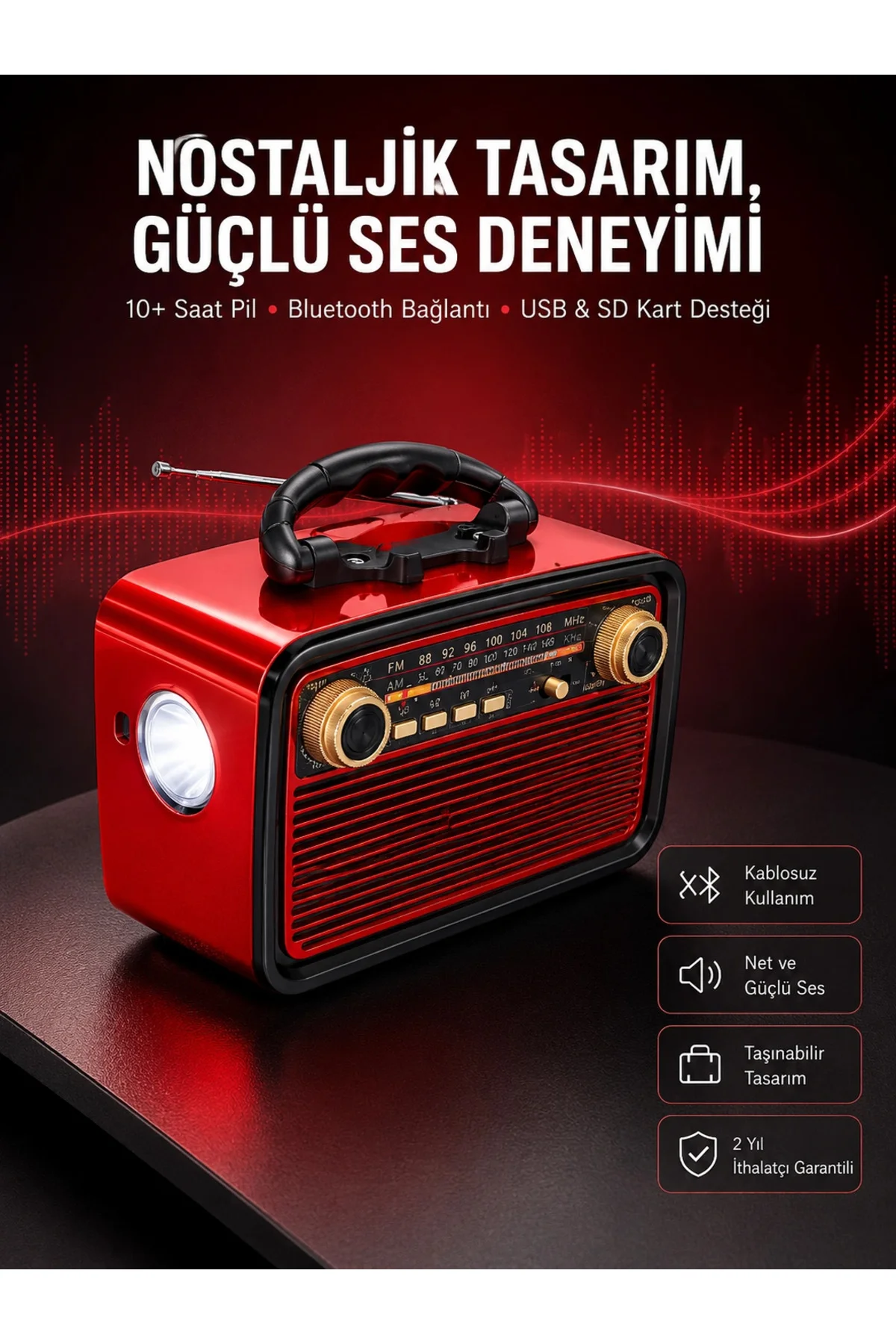 Nostaljik Görünümlü Ahşap Radyo TF SD USB Girişli Led Fener Işıklı - Görsel 5