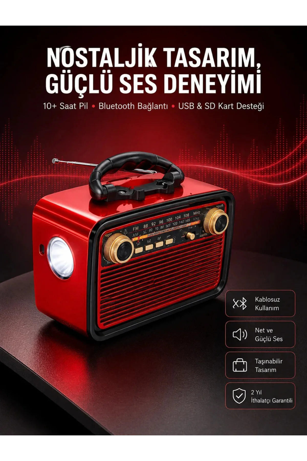Nostaljik Görünümlü Ahşap Radyo TF SD USB Girişli Led Fener Işıklı