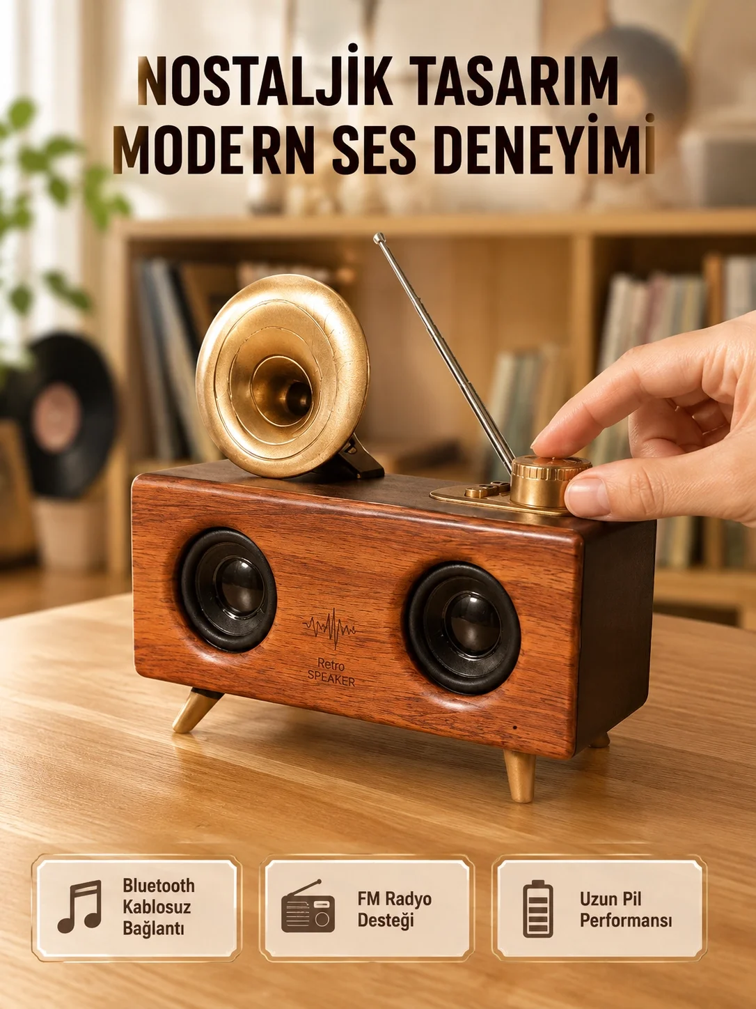 Nostaljik Gramofon Bluetooth Hoparlör – FM Radyo + USB + SD Kart Destekli