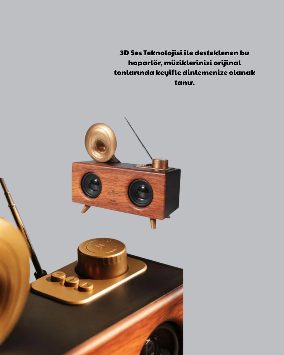 Nostaljik Gramofon Bluetooth Hoparlör - FM Radyo, USB, SD Kart Destekli