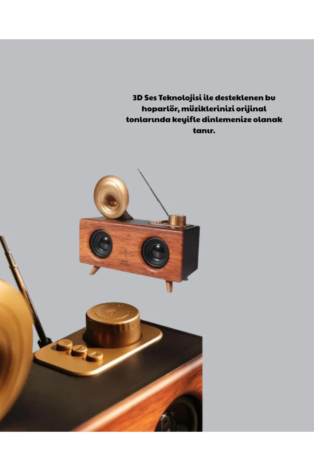 Nostaljik Gramofon Bluetooth Hoparlör – FM Radyo + USB + SD Kart
