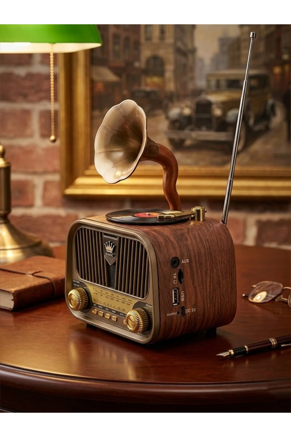 Nostaljik Gramofon Tasarımlı Ahşap Bluetooth Hoparlör - Şarjlı 3 Bant FM Radyo (USB/AUX/TF Kart Destekli Retro Dekoratif Ses Sistemi) Hediyelik