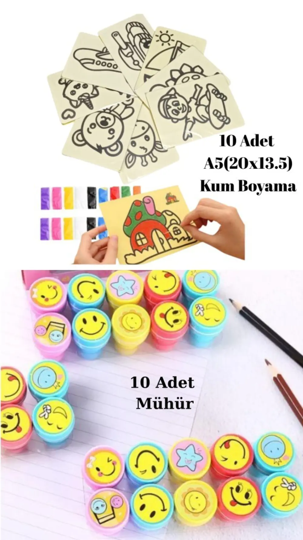 Nostaljik Oyuncak Mühür Istampa 10 Adet + Kum Boyama Seti 10 Adet