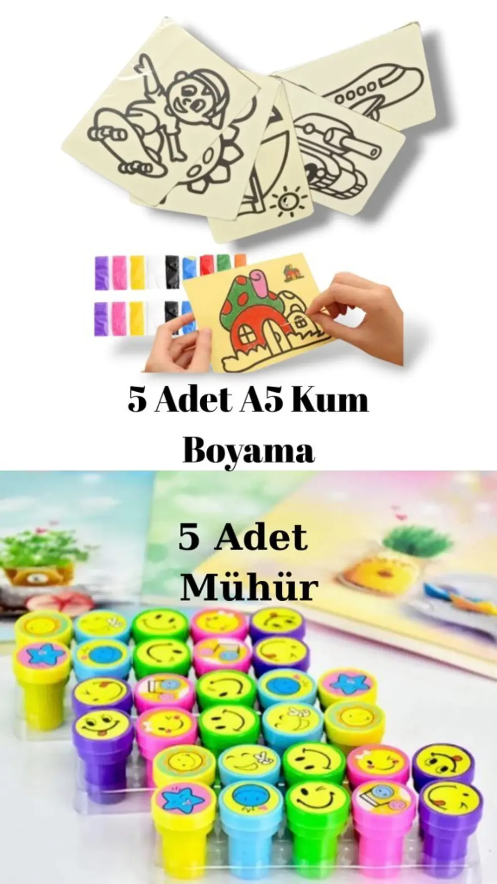 Nostaljik Oyuncak Mühür Istampa 5 Adet + Kum Boyama Seti 5 Adet A