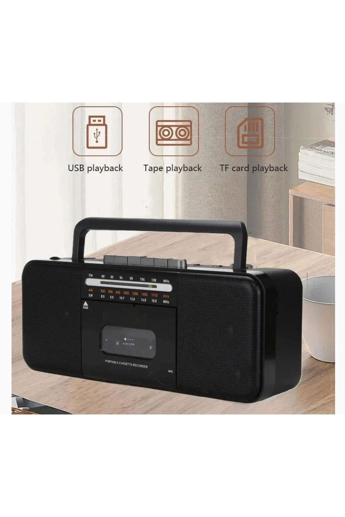 Nostaljik radyo FM radyo USB MP3 çalar kablosuz hoparlör Bluetooth kaset çalar siyah