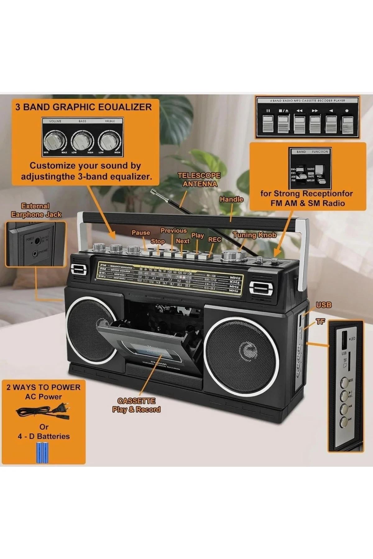 Nostaljik radyo siyah renk bluetooth FM radyo USB MP3 çalar kaset çalar hoparlör