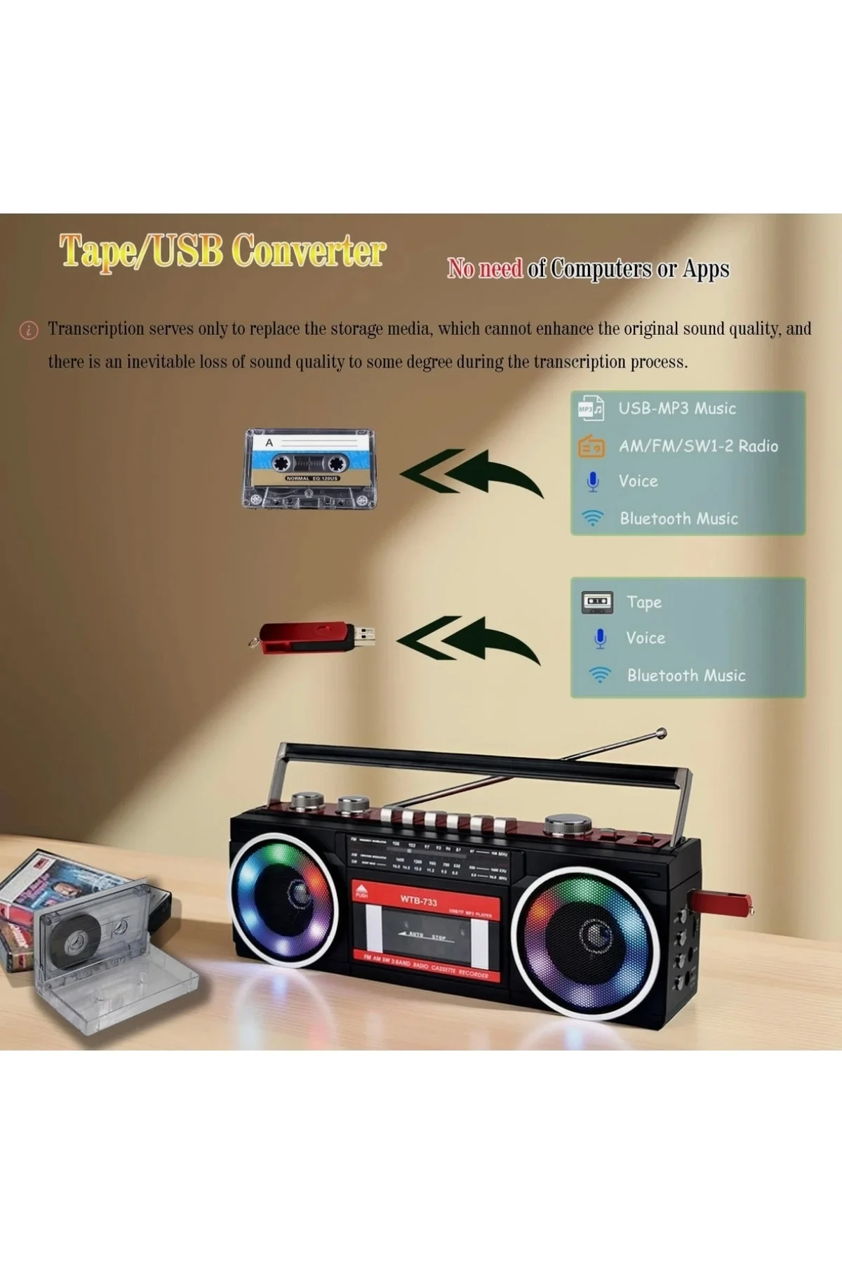 Nostaljik radyo siyah Bluetooth özellikli FM radyo USB MP3 çalar kaset çalar 2 yıl garantili