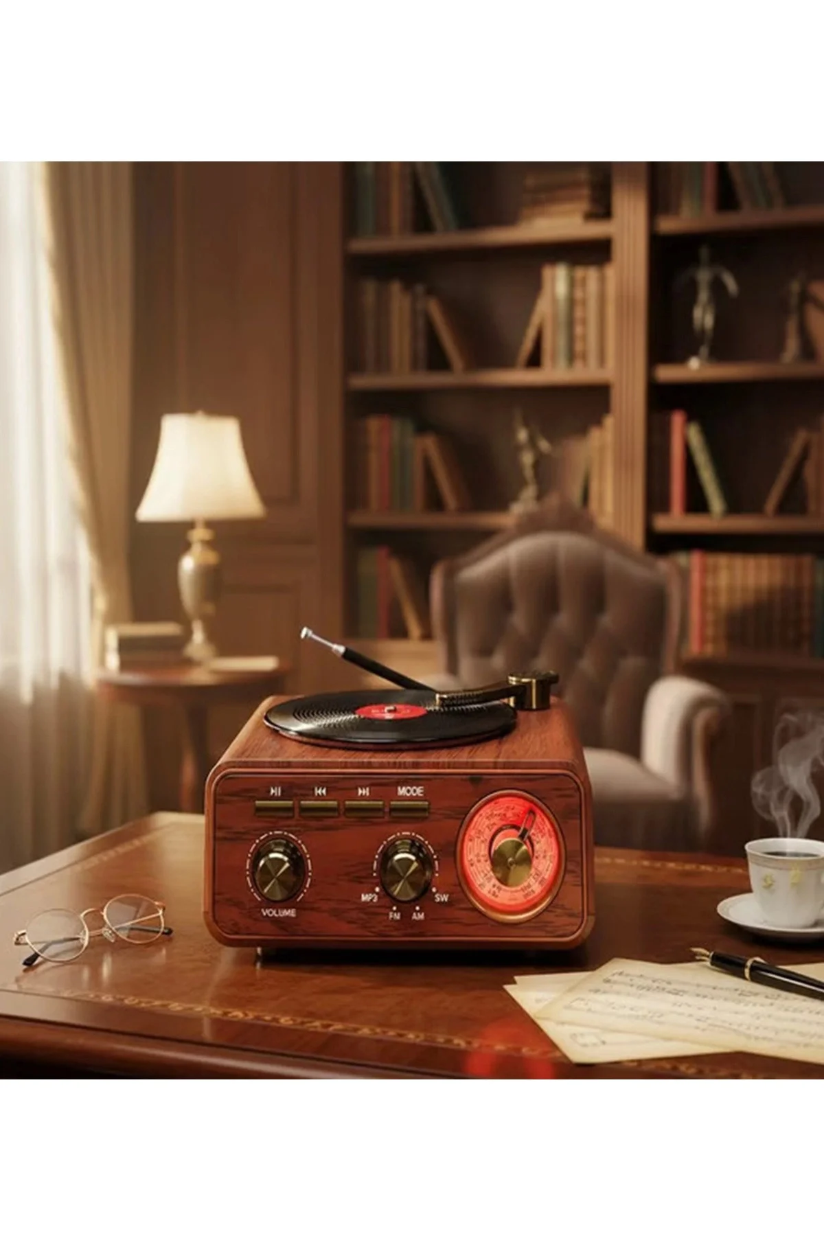 Nostaljik Tasarım Plak Çalar Görünümlü Radyolu Bluetooth Hoparlör