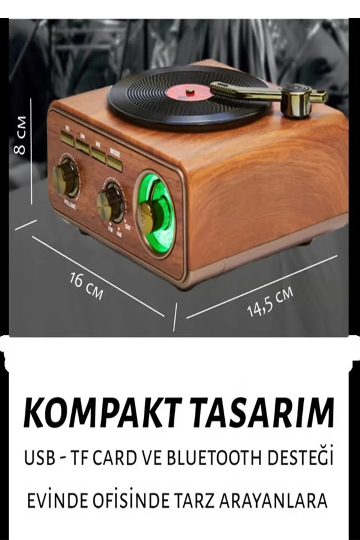 Nostaljik Tasarım Plak Çalar Görünümlü Radyolu Bluetooth Hoparlör