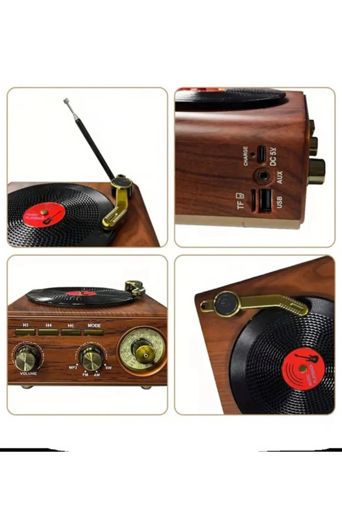 Nostaljik Tasarım Plak Çalar Görünümlü Radyolu Bluetooth Hoparlör