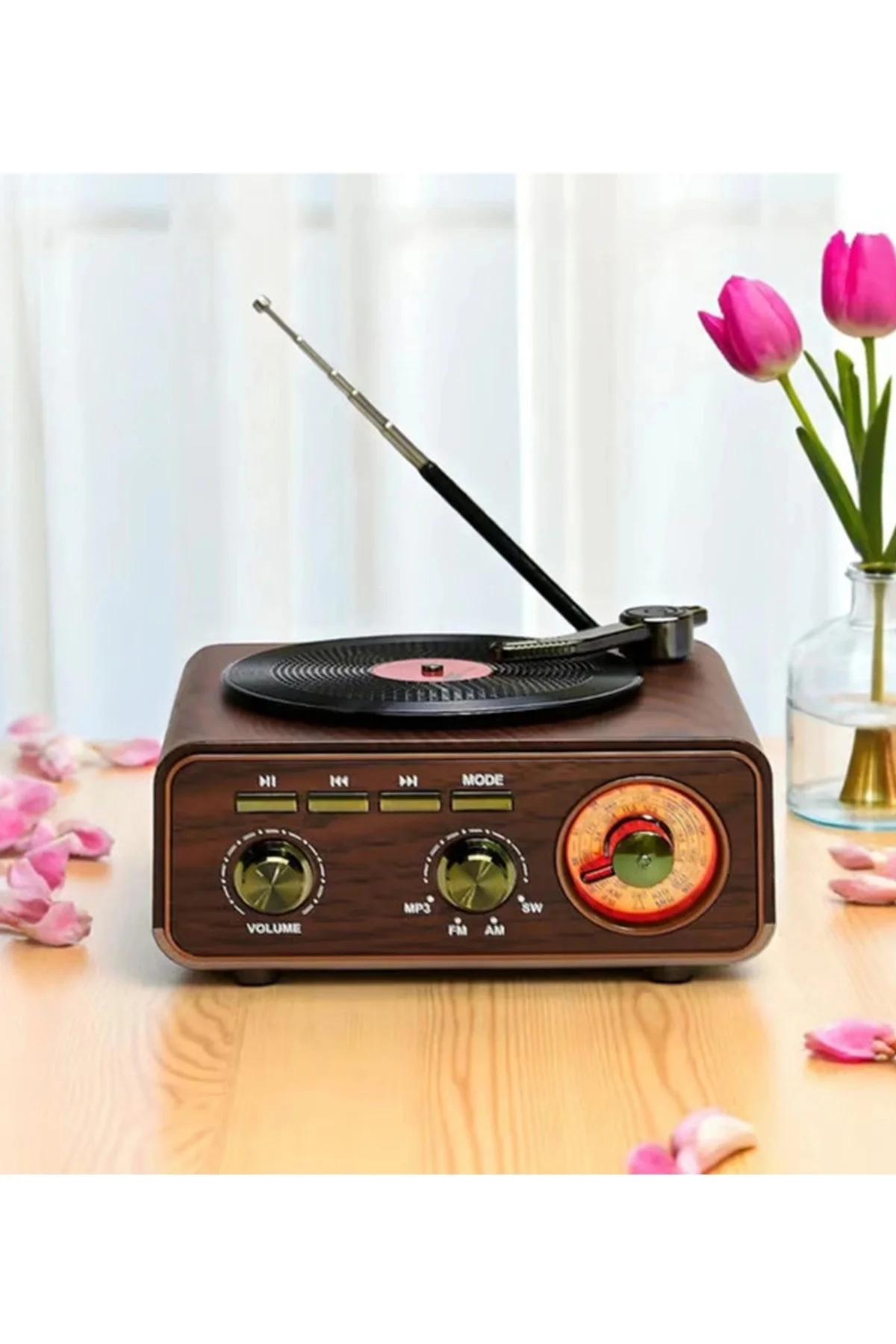 Nostaljik Tasarım Plak Çalar Görünümlü Radyolu Bluetooth Hoparlör