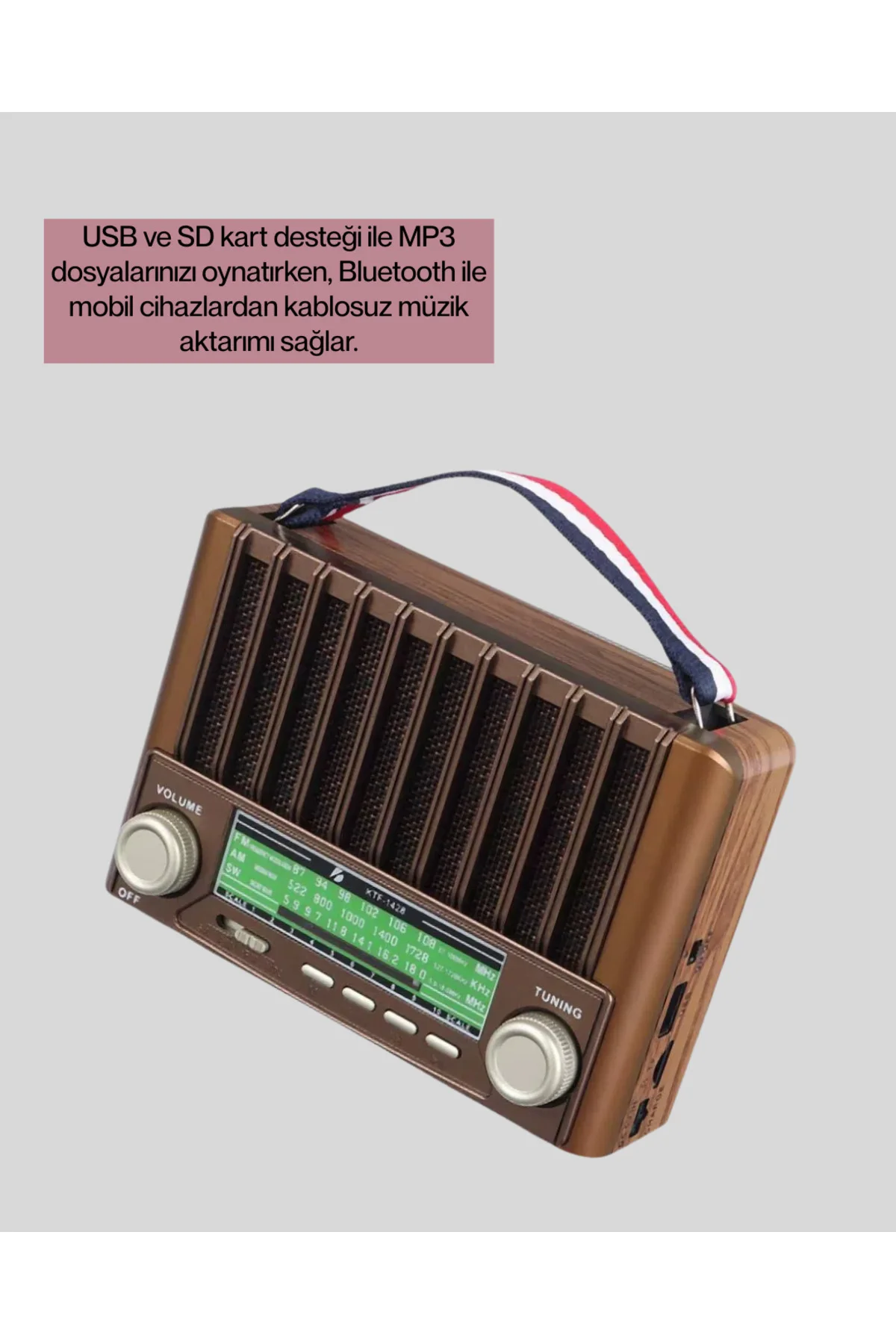 Nostaljik Tasarımlı Solar Şarjlı Radyo AM FM SW ve Bluetooth