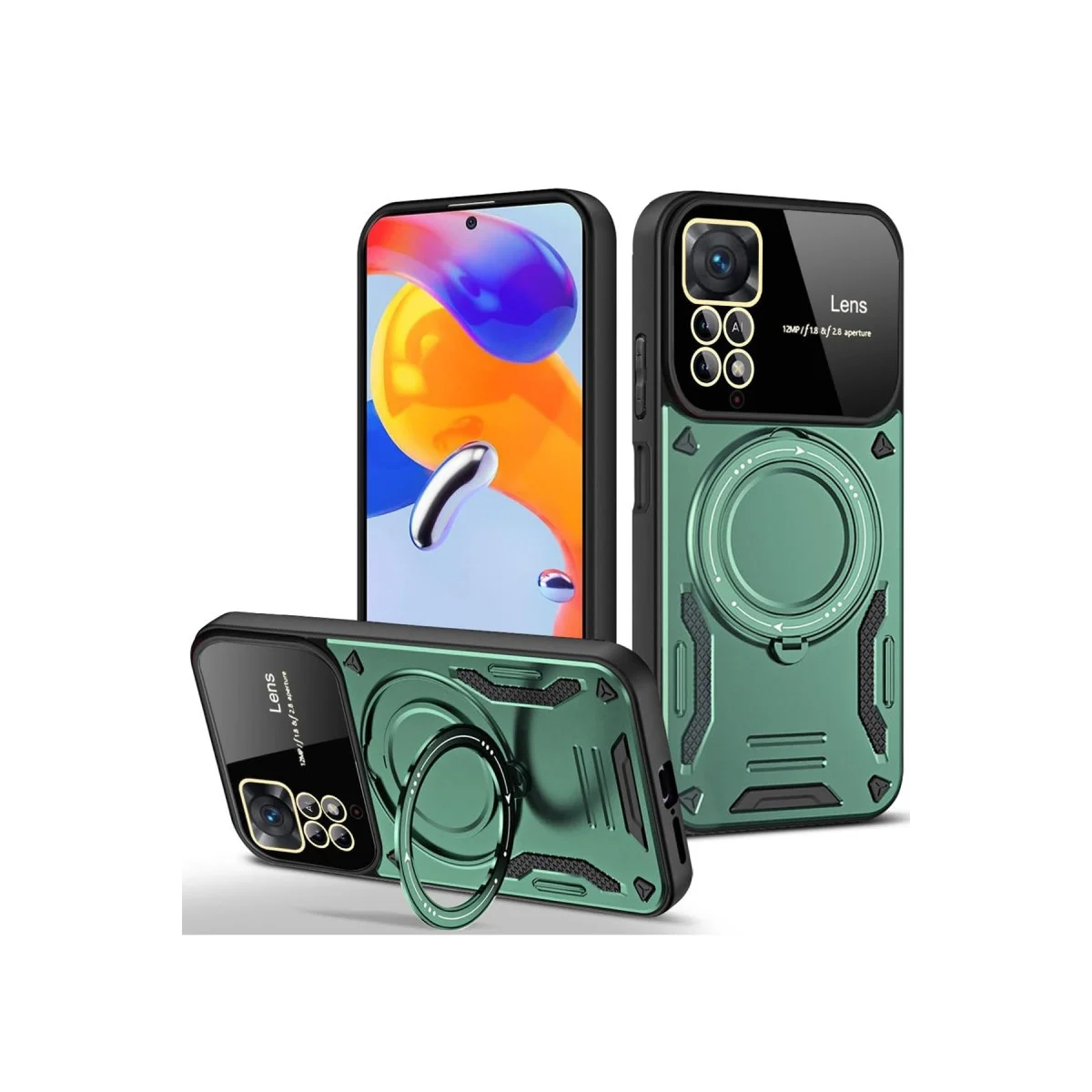 Note 11 Pro Kılıf Joy Lens Standlı - Koyu Yeşil ve 360° Döner Stand
