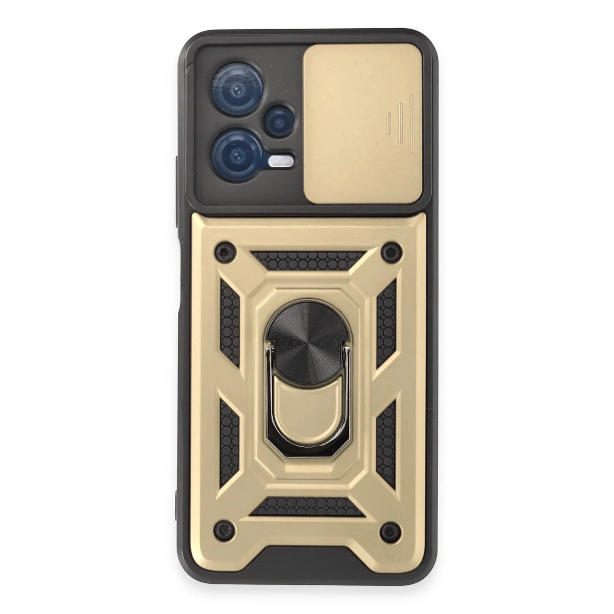 Note 12 5G Silikon Kılıf - Lens Korumalı ve Metal Standlı Gold