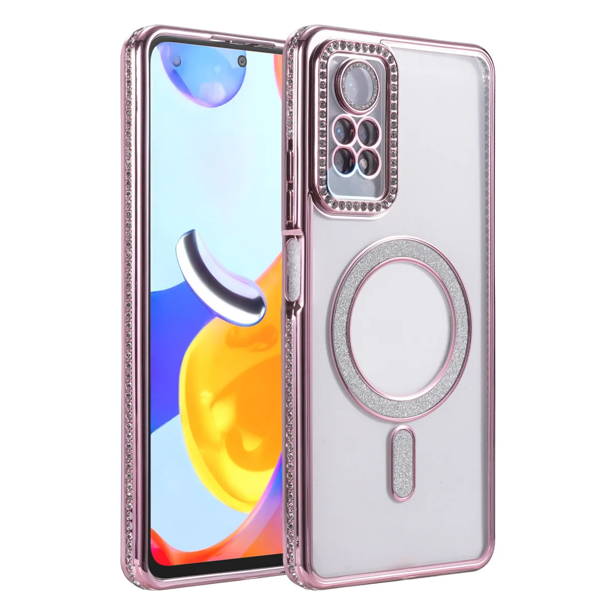 Note 12 Pro 4G Joke Simli Magneticsafe Kılıf - Pembe Kristal Arka ve Mat Kenar Koruması