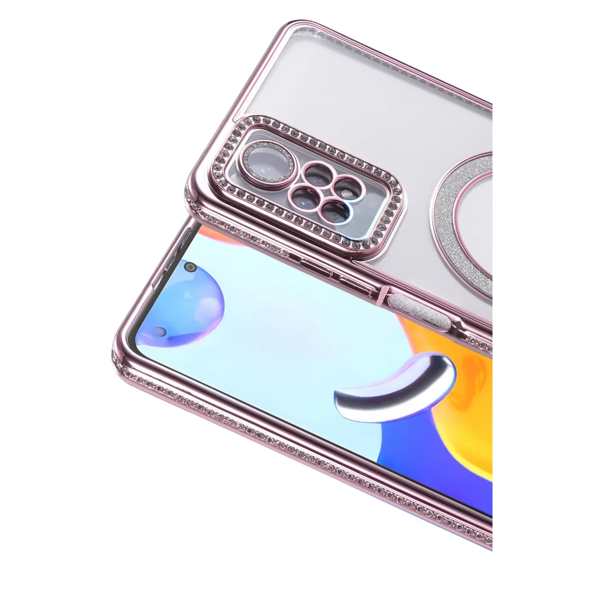 Note 12 Pro 4G Joke Simli Magneticsafe Kılıf - Pembe Kristal Arka ve Mat Kenar Koruması