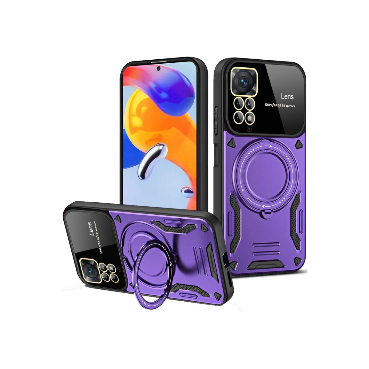 Note 12 Pro 4G Joy Lens Standlı Kılıf - Mor 360° Döner Parmak Halkası ve Askeri Darbe Koruması