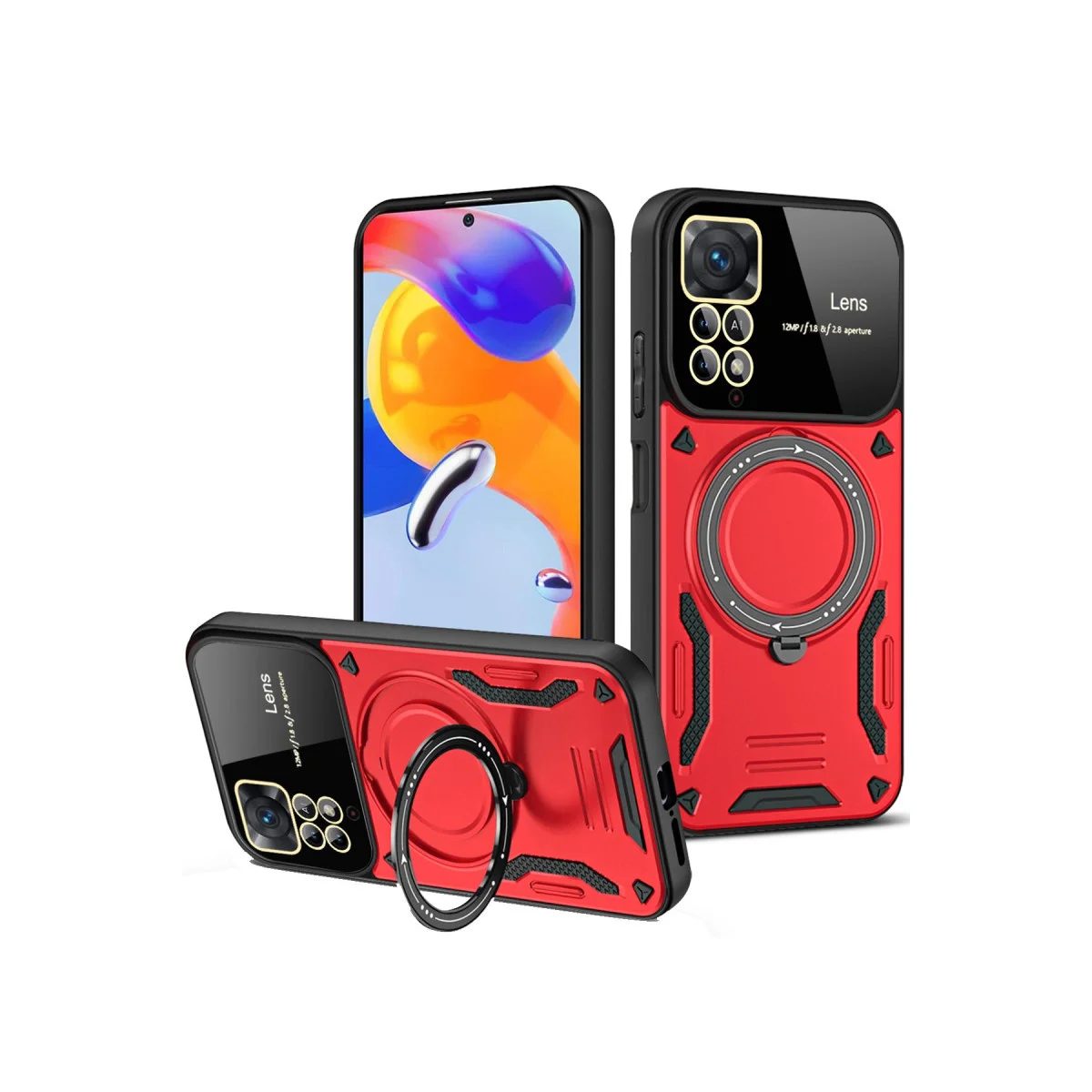 Note 12 Pro 4G Joy Lens Standlı Kılıf - 360° Döner Parmak Halkası Kırmızı