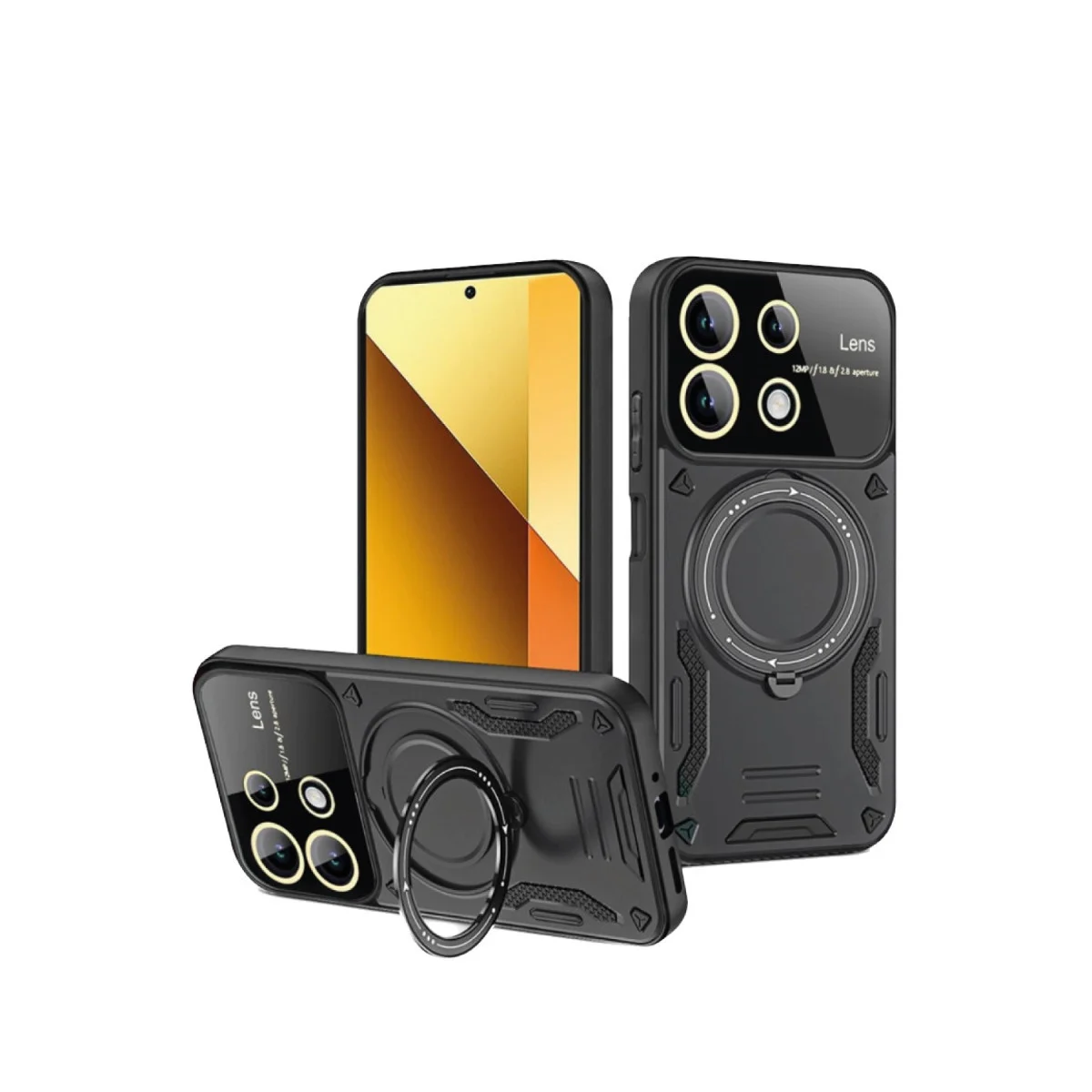 Note 13 4G Joy Lens Standlı Kılıf - Siyah, 360° Döner Parmak Halkası ve Askeri Düzeyde Koruma
